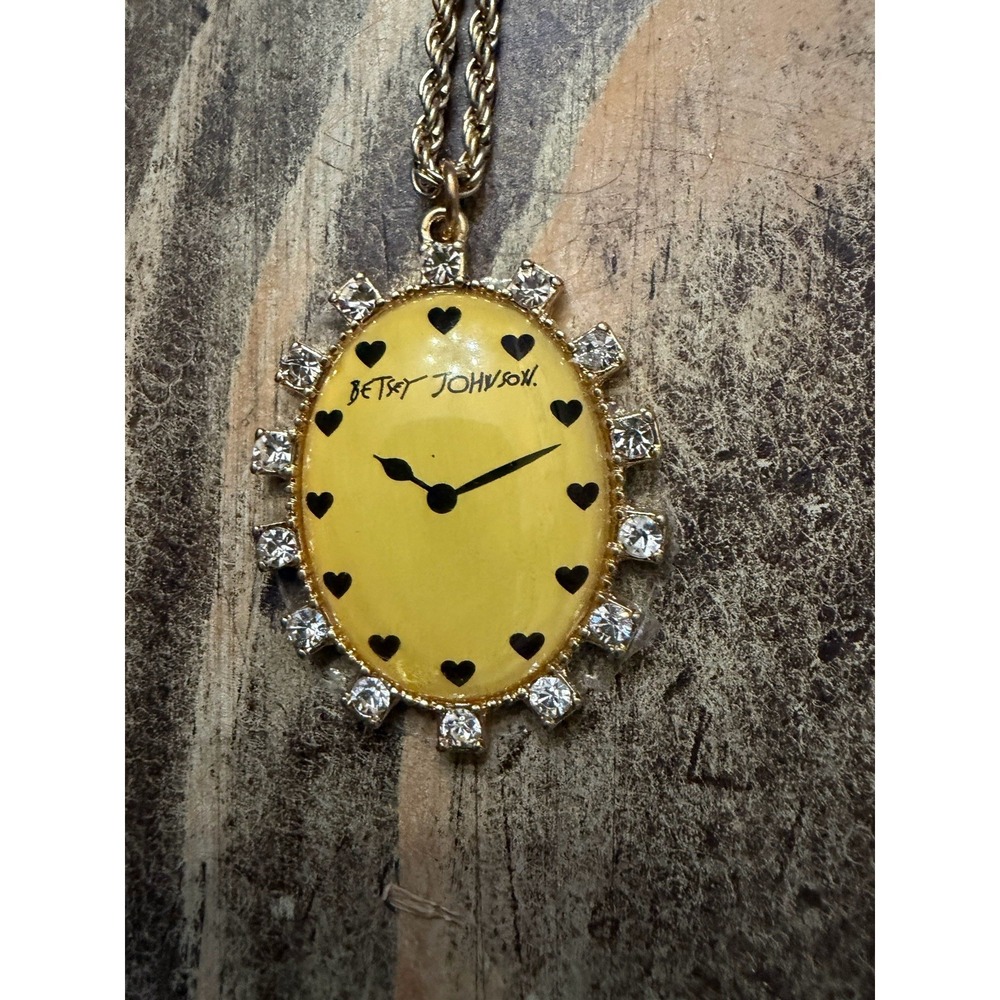 Betsey Johnson Pocket Watch Style Necklace Heart #s Diamonds Gold Color NEW